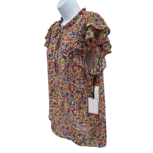 1.State Ruffled Top Sz M Carmine Rose Multicolor Floral Flutter Sleeve Tie Neck - Picture 5 of 10